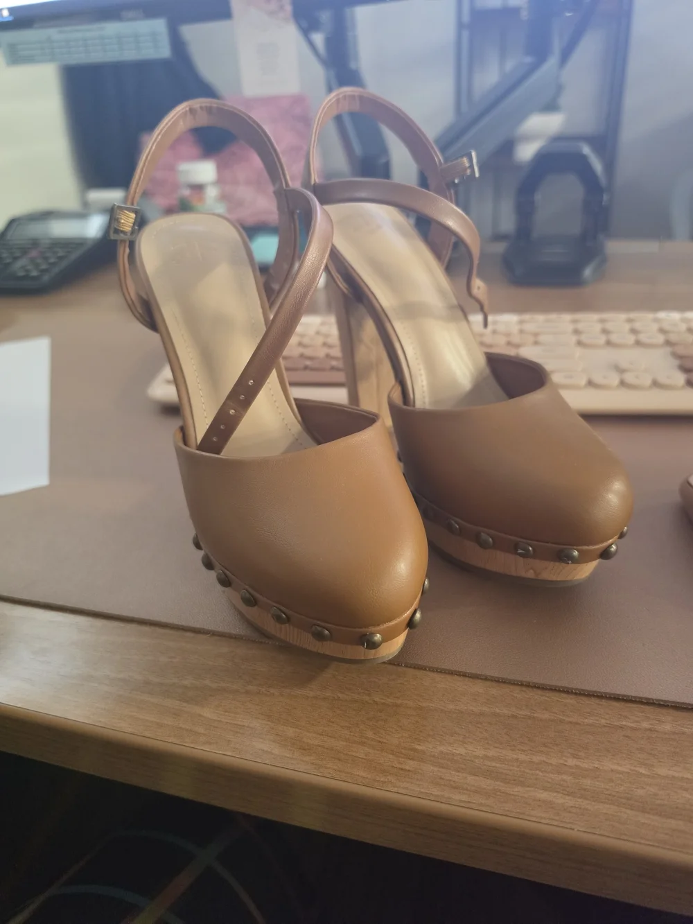 Fashion Nova Cognac Platform Heel Sandals with Studded Trim